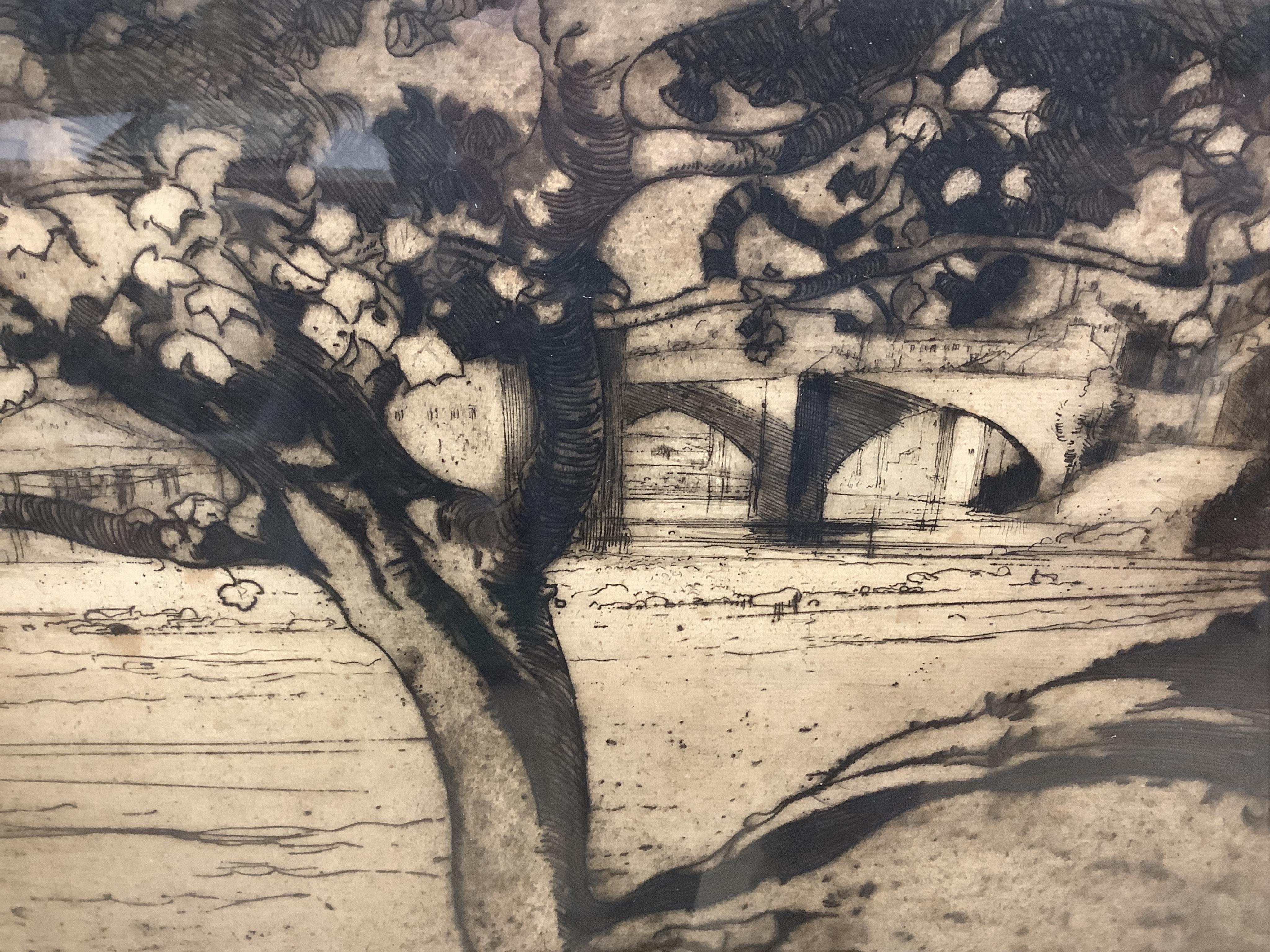 Sir Frank Brangwyn RA, RWS, RBA, (1867-1956), ‘The Maple Tree, Barnard Castle’, signed in pencil, dry point etching, 29 x 38.5cm